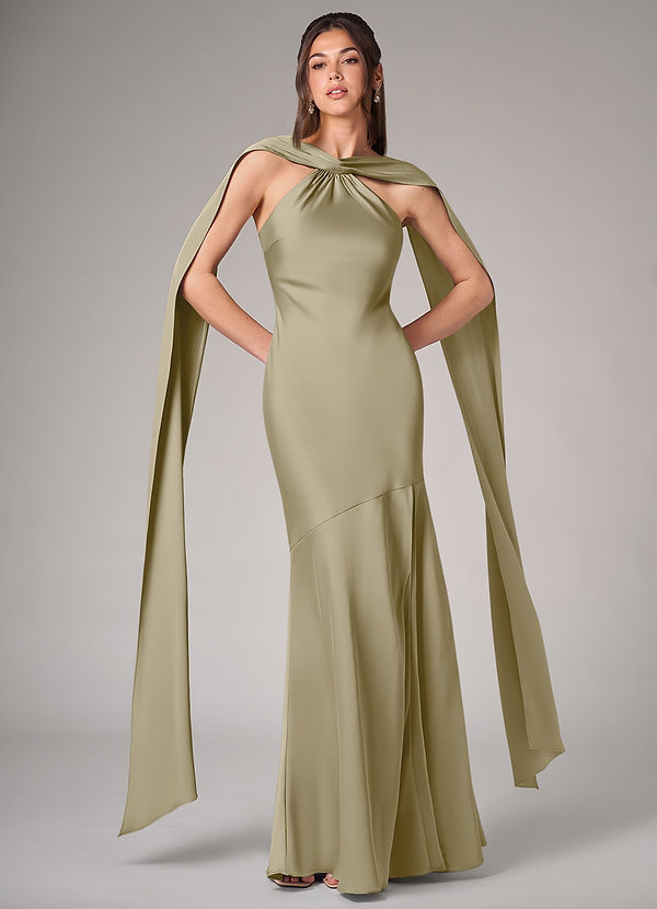 Azazie Kinsley Robes Demoiselle d'honneur Robe Sirène en Satin extensible Fente Latérale Vert Mousse image1