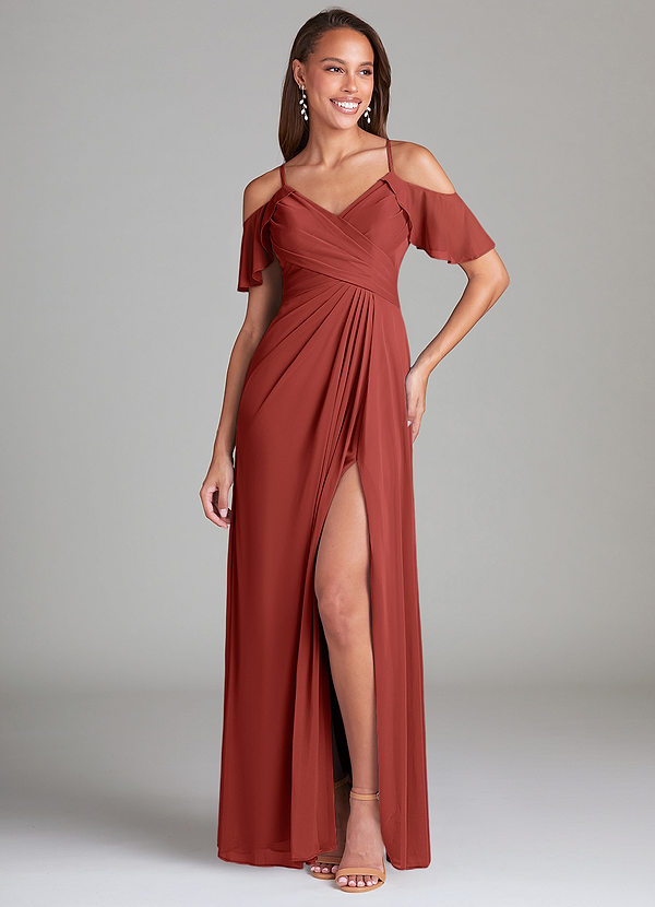 Azazie Dakota Bridesmaid Dresses Terracotta A-Line Off the Shoulder Mesh Dress image1