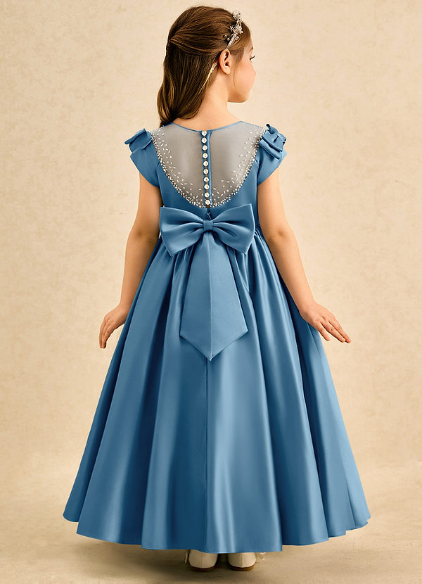 Azazie Toffee Abiti da Damigella Bambina Abito Stile Principessa in Raso Opaco Fiocco Blu Acciaio image1