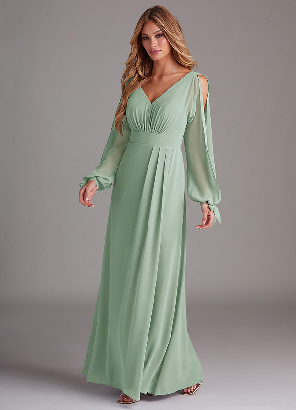 Azazie Matilda Bridesmaid Dresses Agave A-Line Long Sleeve Chiffon Dress image1