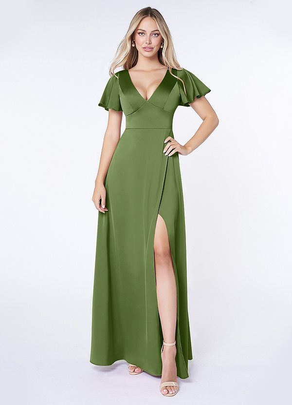 Azazie Lani Bridesmaid Dresses Juniper A-Line Flounce Sleeve Stretch Satin Dress image1