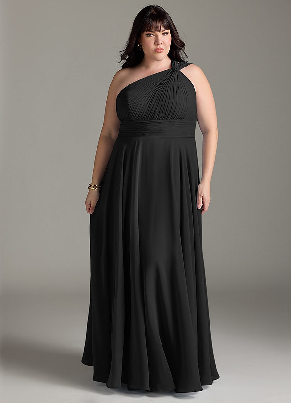 Azazie Charlize Bridesmaid Dresses Black A-Line One Shoulder Chiffon Dress image1