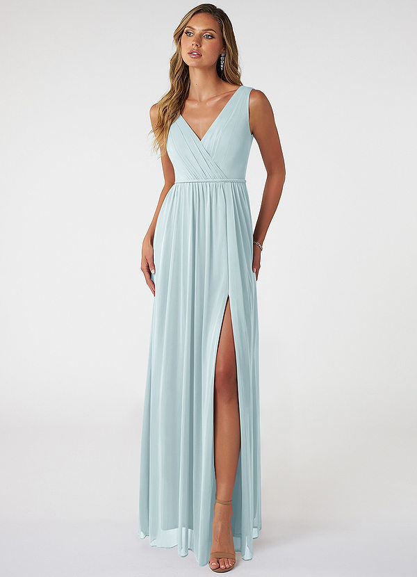 Azazie Tanicia Bridesmaid Dresses Mist A-Line V-Neck Pleated Mesh Dress image1