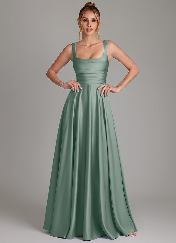 Azazie Azaria Robes de demoiselle d'honneur Robe Trapèze en Satin extensible Corset Sauge D'argent image1