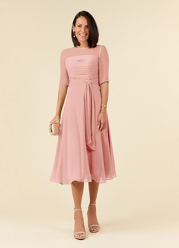 Azazie Naomi Rosette A-Line Boatneck Pleated Chiffon Dress | Azazie