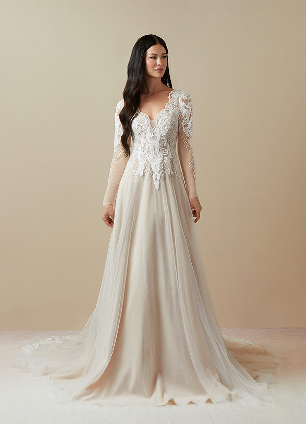 Azazie Essy Wedding Dresses A-Line V-Neck Sequins Tulle Cathedral Train Dress image1