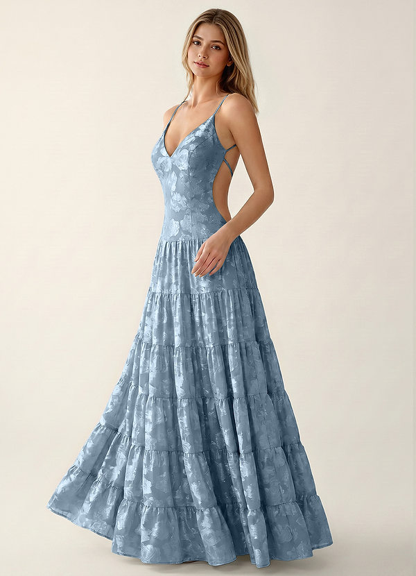 Rioyabella Blu Polveroso Abito da cerimonia jacquard con schiena scoperta per invitato image1