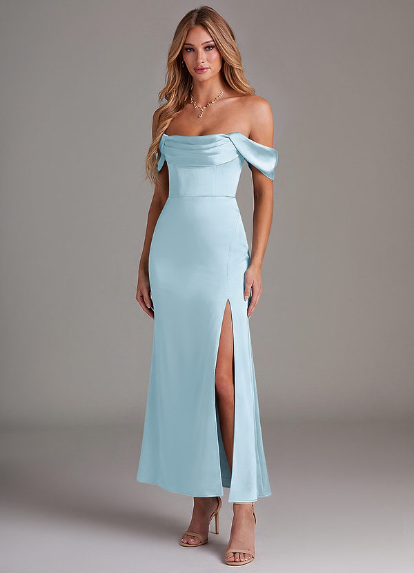 Azazie Saige 신부 들러리 드레스 인어 오프 더 숄더 스트레치 새틴 발목 길이 드레스 image1