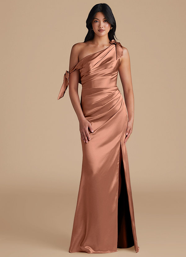 Azazie Xyla Bridesmaid Dresses Bronzer Sheath Off the Shoulder Metallic Satin Convertible Dress image1