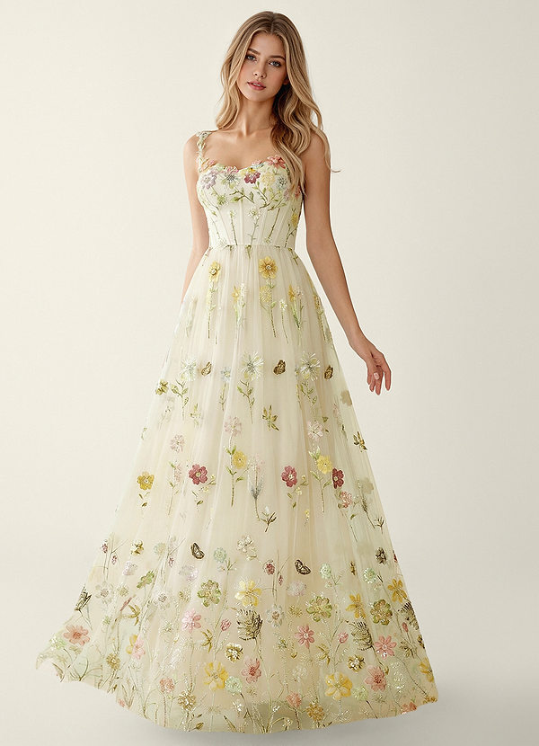 Irisqun Yellow 3D Flowers Sequin Embroidery Beading Tulle Prom Dress image1