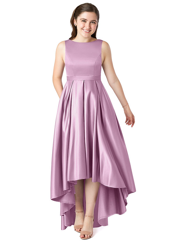Azazie Inaya Junior Wisteria A-Line with Belt Stretch Satin Dress image1