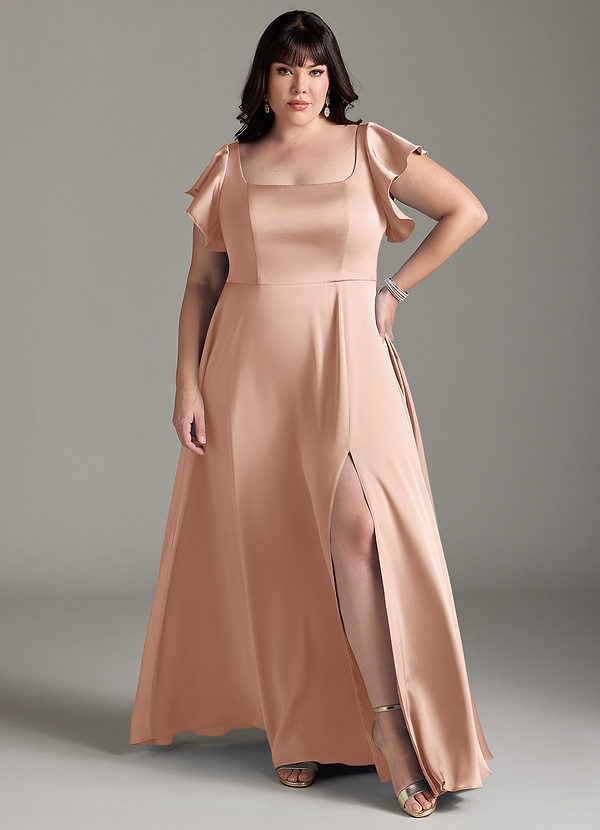 Azazie Bondi Bridesmaid Dresses Rose Gold A-Line Bow Stretch Satin Dress image1