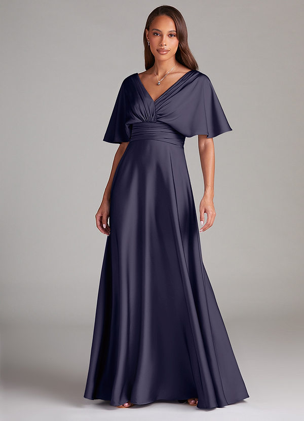 Azazie Pamela Robes Demoiselle d'honneur Robe Trapèze en Satin extensible Plissée Bleu Orageux image1