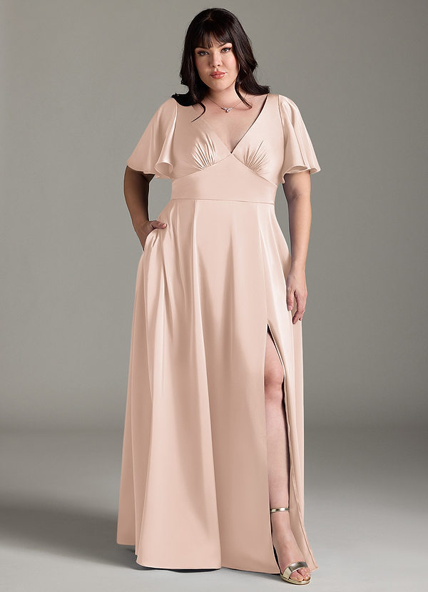 Azazie Kimber Bridesmaid Dresses Blushing Pink A-Line Ruched Stretch Satin Dress image1