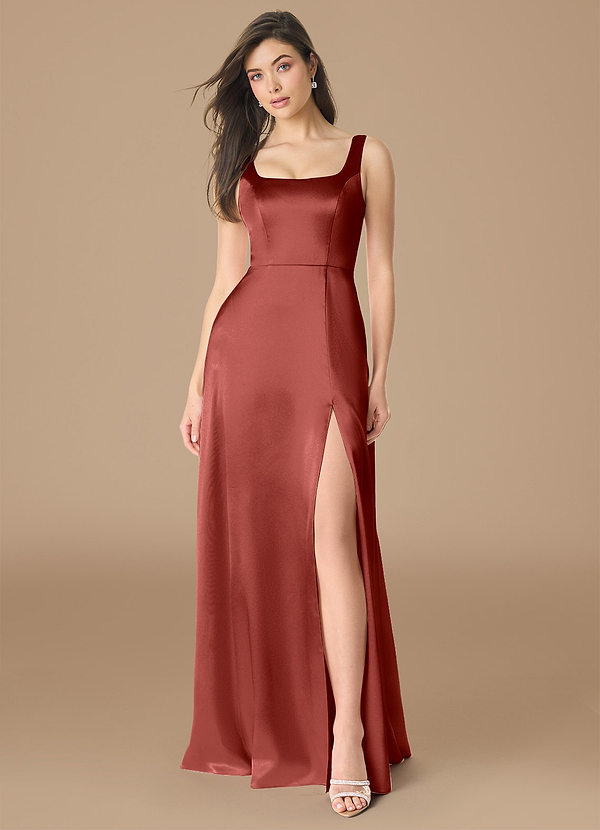 Azazie Joyce Robes Demoiselle d'honneur Robe Trapèze en Satiné métallisé Fente Latérale Terracotta image1