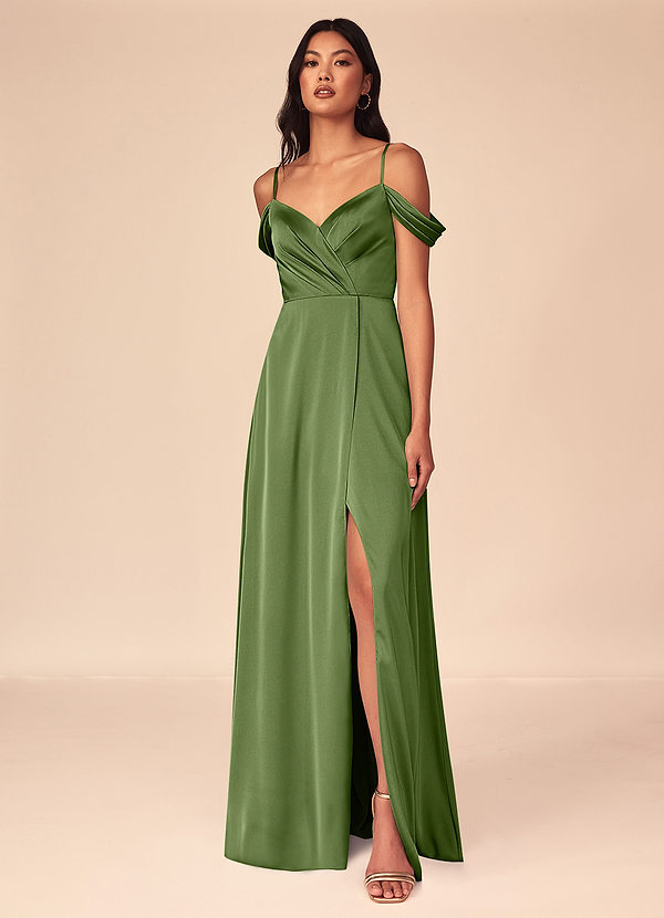 Azazie Ocean Brautjungfernkleider A-Linie V-Hals Gefaltet Stretch-Satin Kleid Wacholder image1