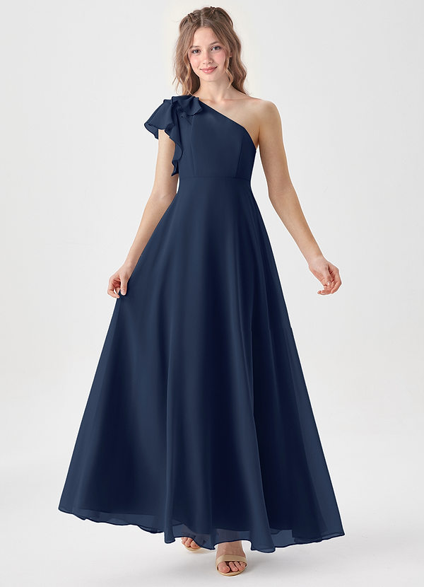 Azazie Arabella Junior Robe Trapèze en Mousseline de soie Rayé Bleu Marine Foncé image1