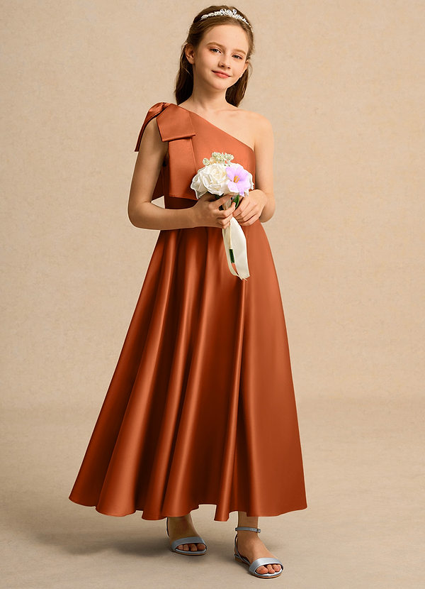Azazie Guppy Girls Formal Flower Girl Dresses Burnt Orange A-Line One Shoulder Matte Satin Dress image1