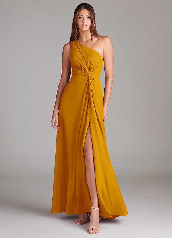 Azazie Brooke Bridesmaid Dresses Butterscotch A-Line One Shoulder Chiffon Dress image1