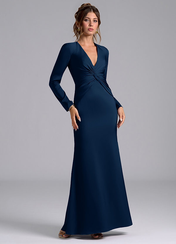 Azazie Valerie Vestidos Dama de Honor Vestido de Azul Marino Oscuro de Satén Elástico de Corte Sirena con Manga larga image1