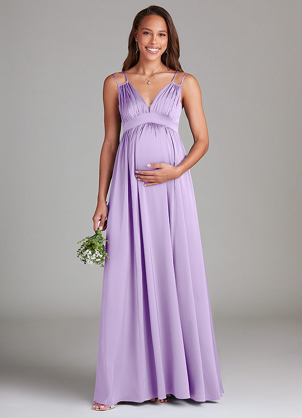 Azazie Emree Maternity Bridesmaid Dresses A-Line Stretch Satin Floor-Length Dress with Pockets image1