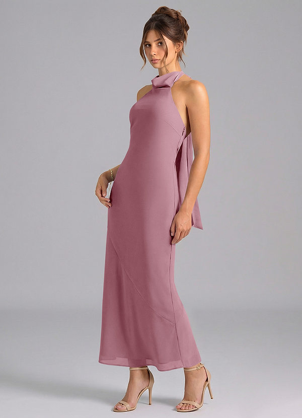 Azazie Velli Vestidos de dama de honor Vestido Malva Vintage de Gasa de Corte Sirena con Cuello alto image1