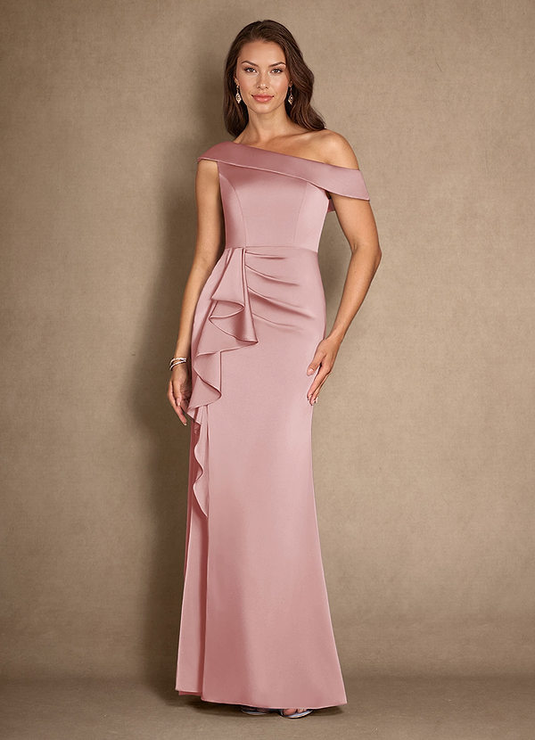 Azazie Hamptons 신부의 어머니 드레스 A라인 주름진 스트레치 새틴 플로어 길이 드레스 image1