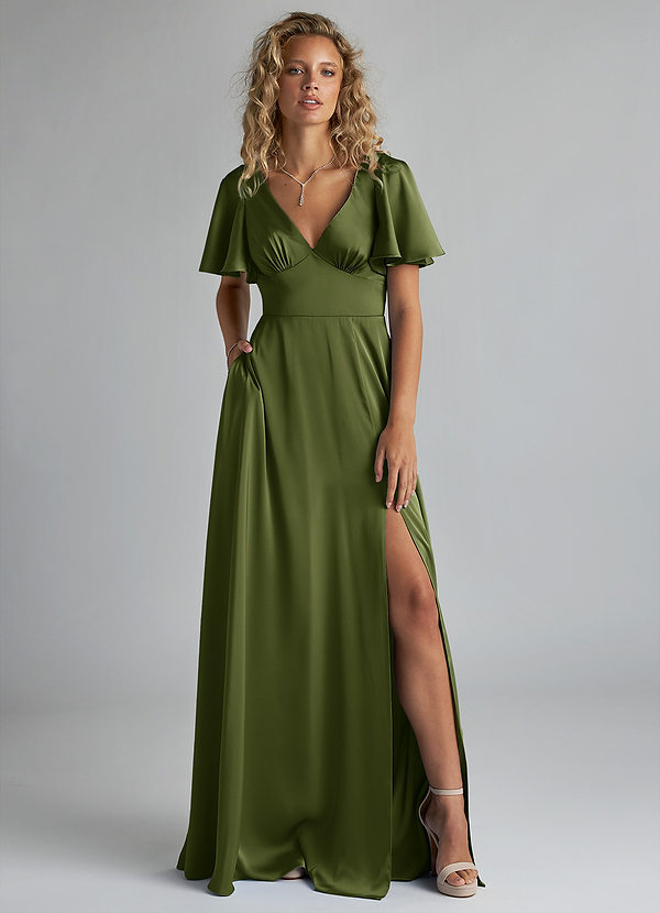 Azazie Kimber Bridesmaid Dresses Olive A-Line Ruched Stretch Satin Dress image1