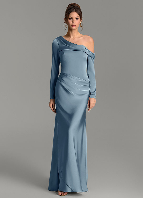 Azazie Sandra Bridesmaid Dresses Dusty Blue Mermaid Long Sleeve Stretch Satin Dress image1