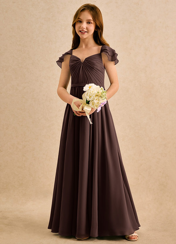 Azazie Meimei Girls Formal Robes de Fillette d'Honneur Robe Trapèze en Mousseline de soie Plissée Ganache image1