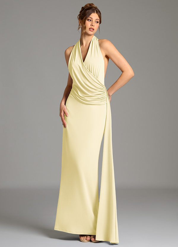 Azazie Nakia Bridesmaid Dresses Lemon Sorbet Sheath Pleated Premium Stretch Jersey Dress image1
