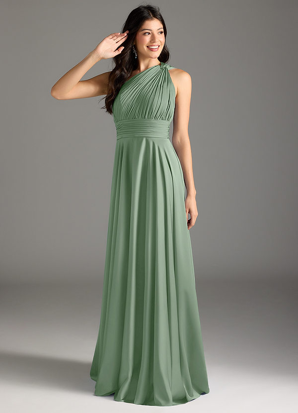Azazie Charlize Bruidsmeisjesjurken Jurk van Stretch Satijn met A-lijn One-shoulder Matcha image1