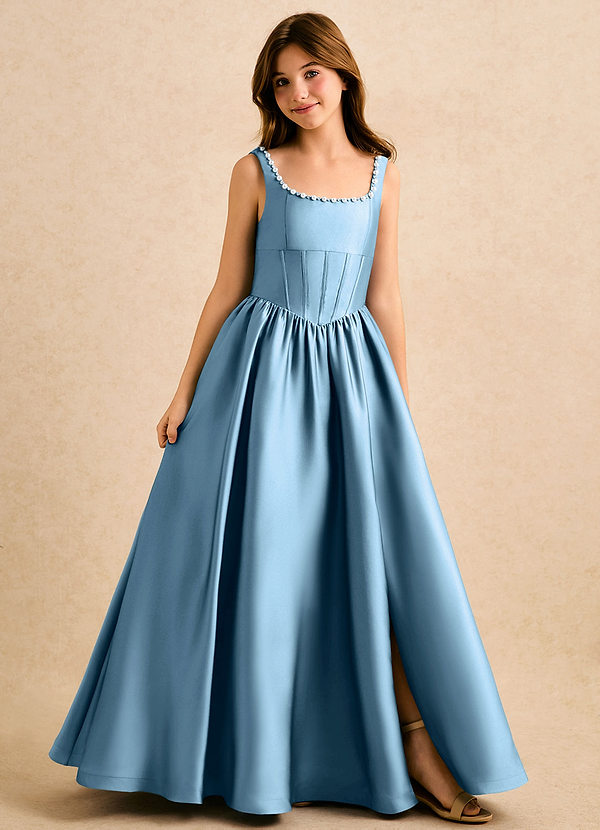 Azazie Enid Girls Formal Sukienki dla dziewczynek sypiących kwiaty Linia A Zroszony Satyna elastyczna Długość podłogi Sukienka image1