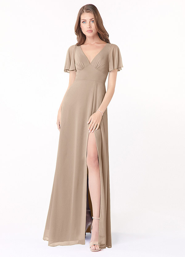 Azazie Kimber Bridesmaid Dresses Taupe A-Line Flounce Sleeve Chiffon Dress image1