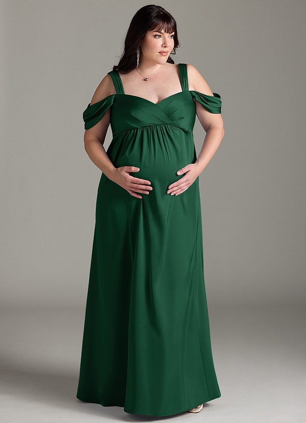 Azazie Rhea Robe demoiselle d'honneur enceinte Robe Trapèze Épaule nue plissée Longueur ras du sol Satin extensible image1