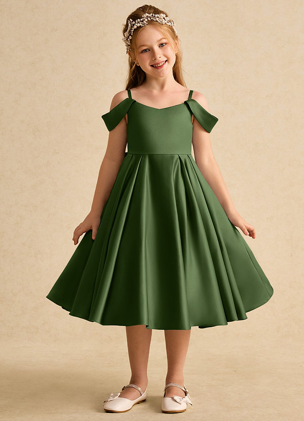 Azazie Favia Bloemenmeisjes Jurken A-Lijn Jurk van Mat Satijn Off the Shoulder Olijf image1