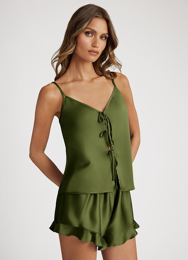 front Olive Bows Satin Cami and Shorts Pajama Set