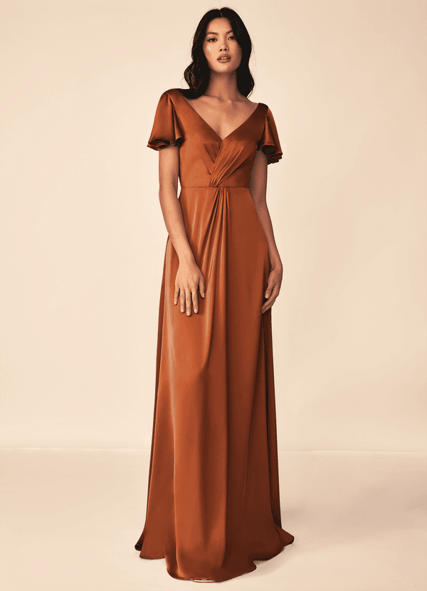 Azazie Soren Bridesmaid Dresses Cinnamon A-Line Pleated Stretch Satin Dress image1