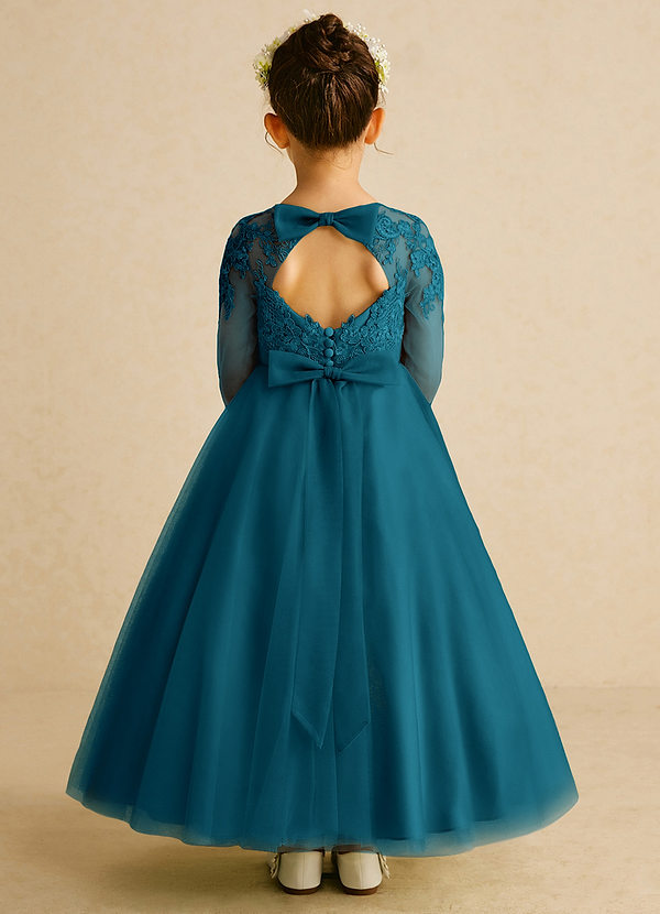 Azazie Precious Flower Girl Dresses Ink Blue A-Line Lace Tulle Dress image1