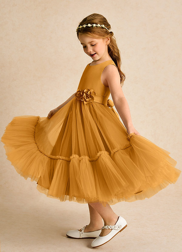 Azazie Miracle Blumenkinder Kleider A-Linie Schleifen Matte Satin Kleid Butterscotch image1