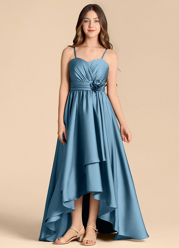 Azazie Catalina Junior Abito A-Line in Raso Elasticizzato Scollo a Cuore Blu Acciaio image1