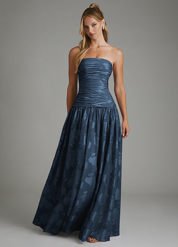 Azazie Remy Vestidos de dama de honor Vestido Azul Marino Oscuro de Jacquard floral desgastado de Línea A con Palabra de honor image1