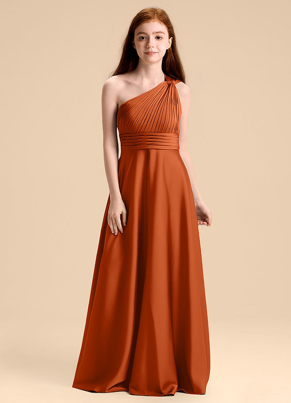 Azazie Charlize Junior Robe Trapèze en Satin extensible Plissée Orange Brûlée image1