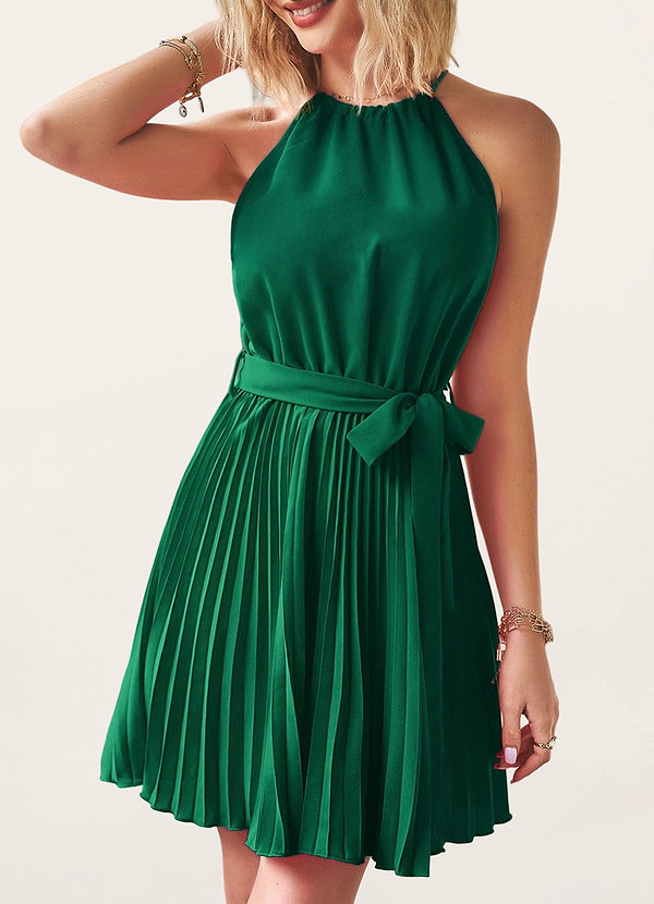 front Love And Chic Dark Emerald Halter Pleated Mini Dress