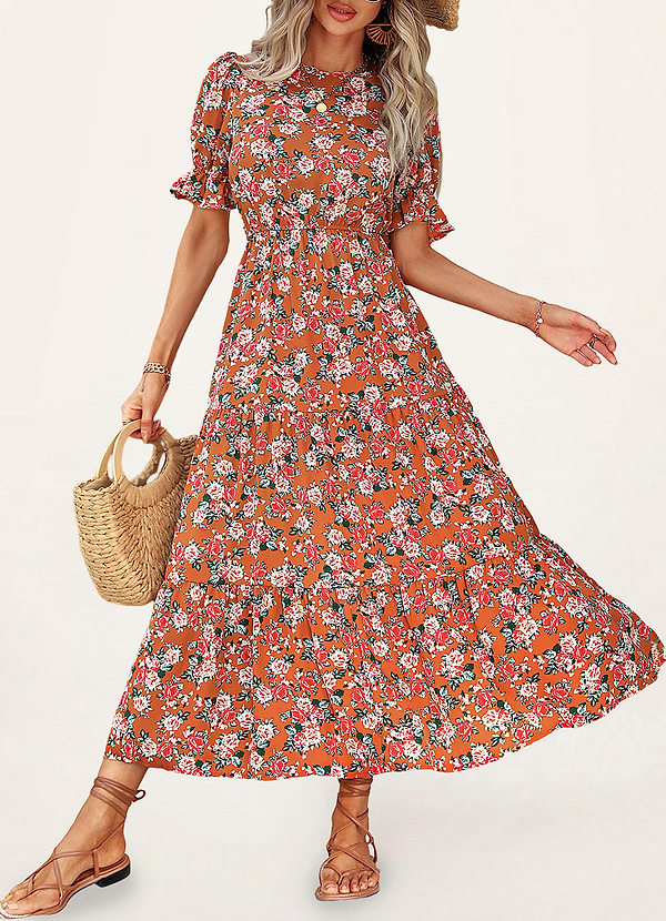 Aiea Orange Floral Print Short Sleeve Midi Dress Dresses Azazie