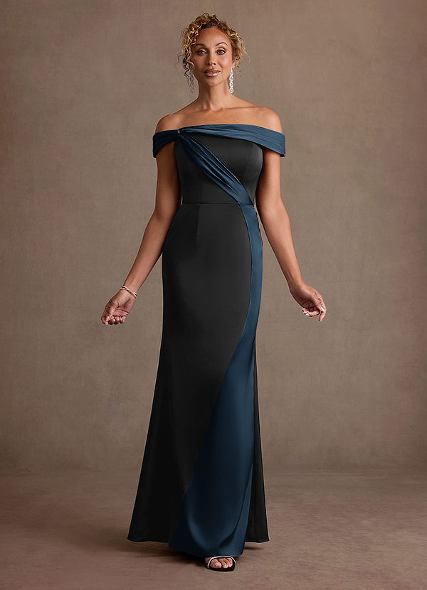 Azazie Constance Mother of the Brides Dresses Black Dark Navy Mermaid Off the Shoulder Stretch Satin Dress image1