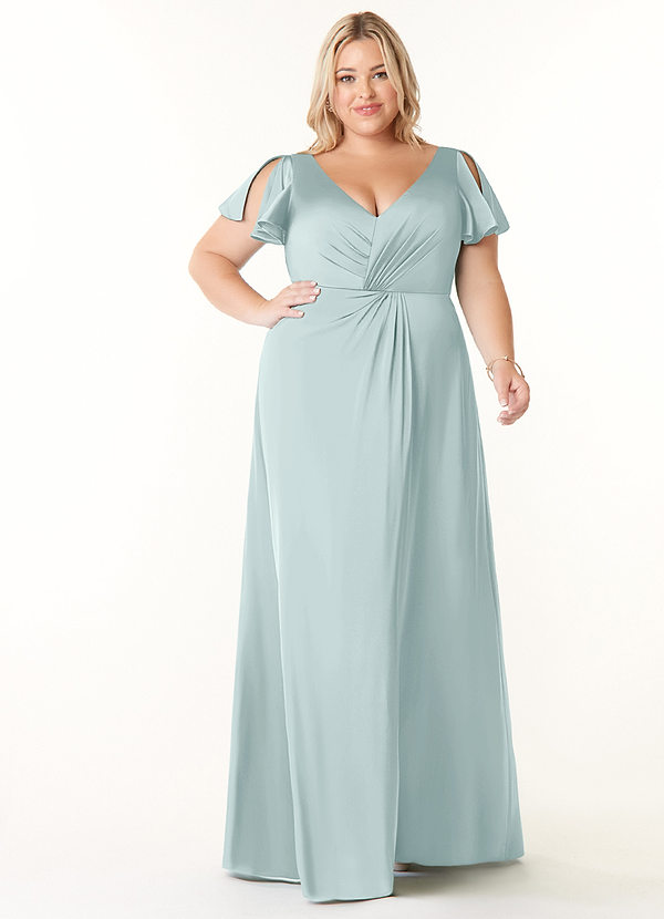 Azazie Soren Bridesmaid Dresses Mist A-Line Pleated Stretch Satin Dress image1