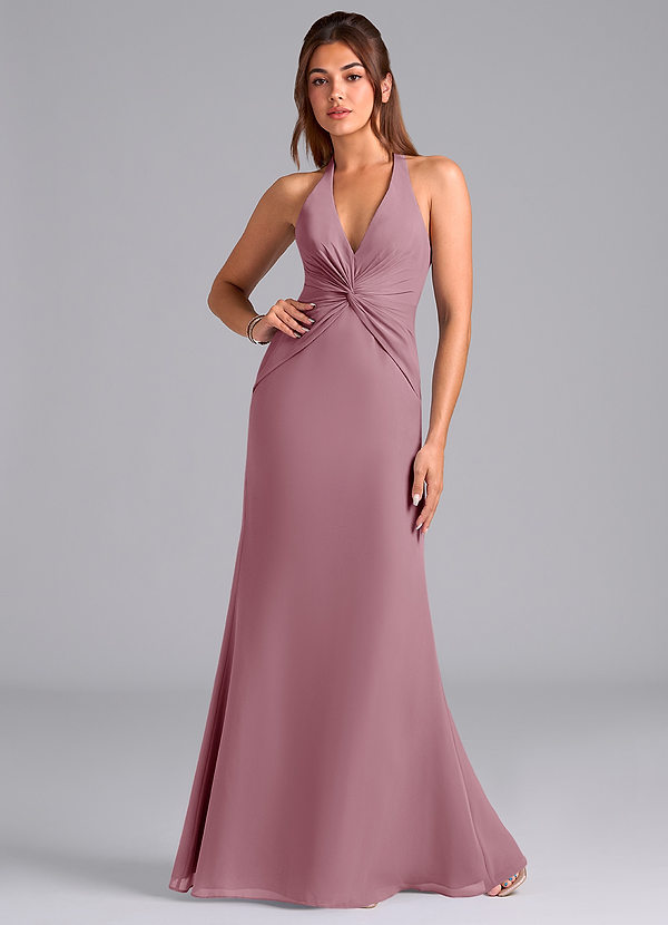 Azazie Valerie Bruidsmeisjes Jurken Jurk van Chiffon met Zeemeermin Geplooid Vintage Mauve image1