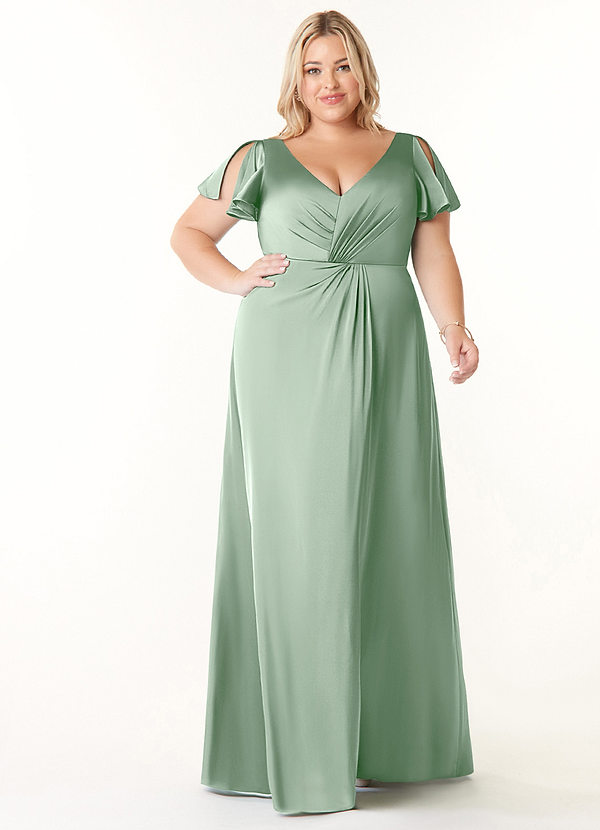 Azazie Soren Bridesmaid Dresses Agave A-Line Pleated Stretch Satin Dress image1