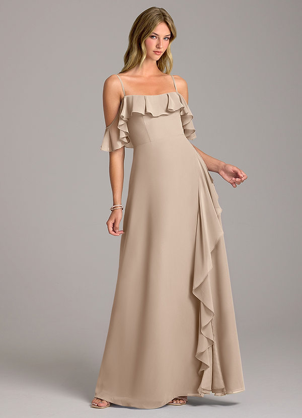 Azazie Aubrie Bridesmaid Dresses Taupe A-Line Off the Shoulder Chiffon Dress image1